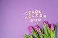 Bouquet of purple tulips and wood letters on violet background. Royalty Free Stock Photo