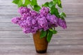 Bouquet purple Violet Lilac Flower  in a brown vase a wooden surface. Syringa vulgaris common lilac. Spring flowers Royalty Free Stock Photo