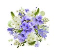 Bouquet of purple and white flowers and paint stains in a round floral arrangement isolated