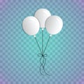 A bouquet of realistic balloons on a blue transparent background. Three white balloons on the ropes. Royalty Free Stock Photo