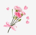 Bouquet of realistic pink carnation tied with a pink bow and paper hearts isolated on white.