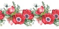 Bouquet of red anemones, eucalyptus, hypericum, eryngium. Watercolor illustration. Seamless pattern of floral