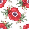 Bouquet of red anemones, eucalyptus, hypericum and eryngium. Watercolor illustration. Seamless pattern of floral