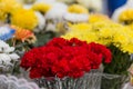 A bouquet of red carnations and other flowers are sold in the city market Royalty Free Stock Photo