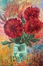 bouquet of red dahlias in a glass vase, oil painting Royalty Free Stock Photo