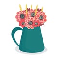 Bouquet of red flowers in a blue jug. Decorative floral arrangement, home decoration. Springtime blooms, simple