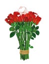 Bouquet of red flowers. Roses tied with a rope with envelope