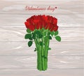 Bouquet of red flowers. Roses tied with a rope. Greeting card fo