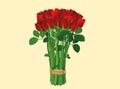 Bouquet of red flowers. Roses tied with a rope. Greeting card