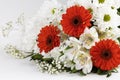 A bouquet of red gerberas, white lilies and daisies, isolated on a white background. Royalty Free Stock Photo