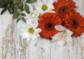 A bouquet of red gerberas, white lilies and daisies, isolated on a wood background. Royalty Free Stock Photo