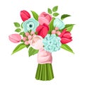 Bouquet of red, pink and blue flowers. Vector illustration. Royalty Free Stock Photo