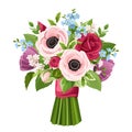 Bouquet of red, pink, purple and blue flowers. Vector illustration. Royalty Free Stock Photo