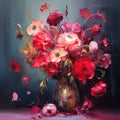 Bouquet of red and pink semi abstract luxurious flowers in a vase on dark blue background. Square digital oil painting