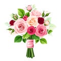 Bouquet of red, pink, and white roses isolated on white. Vector illustration Royalty Free Stock Photo
