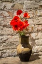 Bouquet of red poppies in clay jug on wooden table Royalty Free Stock Photo