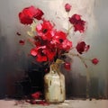 Bouquet of red poppy flowers in a vase. Printable square digital oil painting, impasto. Generative AI Royalty Free Stock Photo