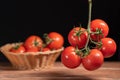 Bouquet of red ripe tomatoes with wooden basket full of fresh tomatoes in the background on brown wooden table Royalty Free Stock Photo