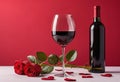 A bouquet of red roses on a red background with an empty wine glass placed in the center Royalty Free Stock Photo