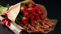 A bouquet of red roses and bacon wrapped in paper, AI Royalty Free Stock Photo