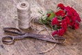 Bouquet of Red Roses, ball of Twine and Old Rusty Scissors on Wooden Table