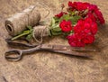 Bouquet of Red Roses, ball of Twine and Old Rusty Scissors on Wooden Table