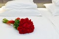 bouquet of red roses on the bed in a hotel room for honeymoon. romantic meeting of guests at the hotel. Royalty Free Stock Photo