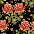 Bouquet red roses on black background. Seamless pattern.