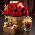a bouquet of red roses in a box with a ribbon and chocolates on the table in a glass