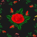 Bouquet of red roses with butterflies and branches of buds on a black background, seamless pattern. Royalty Free Stock Photo