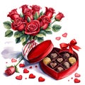 Bouquet of red roses and chocolate in a gift box. Valentines day watercolor card illustration. Royalty Free Stock Photo