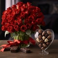 A bouquet of red roses decorated with a bow and chocolates. Heart as a symbol of affection and Royalty Free Stock Photo
