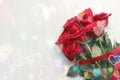 Bouquet Of Red Roses With Dew Drops On White Wooden Vintage Background Close-up.