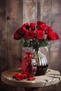 bouquet of red roses in glass vase on wooden background Royalty Free Stock Photo