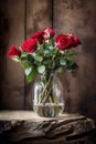 bouquet of red roses in glass vase on wooden background Royalty Free Stock Photo