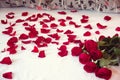 Bouquet from red roses and his scattered petals on a bed