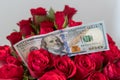 A bouquet of red roses and one hundred dollars banknote