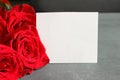 A bouquet of red roses and a sheet of white paper for writing, to write the text on a wooden black background. Royalty Free Stock Photo