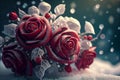 bouquet of red roses and snow ice.generative ai Royalty Free Stock Photo