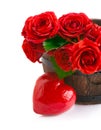 Bouquet red roses with symbol of heart Royalty Free Stock Photo