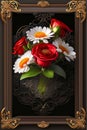 bouquet of red roses and white daisies on a dark background, AI Royalty Free Stock Photo