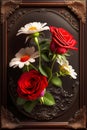 bouquet of red roses and white daisies on a dark background Royalty Free Stock Photo