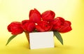Bouquet Of Red Tulips In Basket And White Card