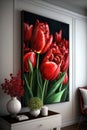 Bouquet of red tulips. Fresh spring tulip flowers blossoms on vertical floral poster. Colorful springtime flowers with