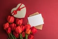 Bouquet of red  tulips and gift heart box isolated on red background . Spring flowers. Greeting card for Birthday, Woman, Mother` Royalty Free Stock Photo