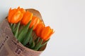 A bouquet of red tulips. A gift to a woman`s day from yellow tulip flowers. Spring. spring flowers. selective focus Royalty Free Stock Photo