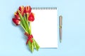 Bouquet of red tulips, notepad on blue background Top view Flat lay Holiday greeting card Happy moter's day, 8 Royalty Free Stock Photo