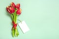 Bouquet of red tulips, notepad on green background Top view Flat lay Holiday greeting card Happy moter's day, 8 Royalty Free Stock Photo