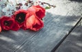 A bouquet of red tulips and white flowers on a background of wooden, old boards. Place for text. The concept of spring has come Royalty Free Stock Photo