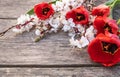 A bouquet of red tulips and white flowers on a background of wooden, old boards. Place for text. The concept of spring has come Royalty Free Stock Photo